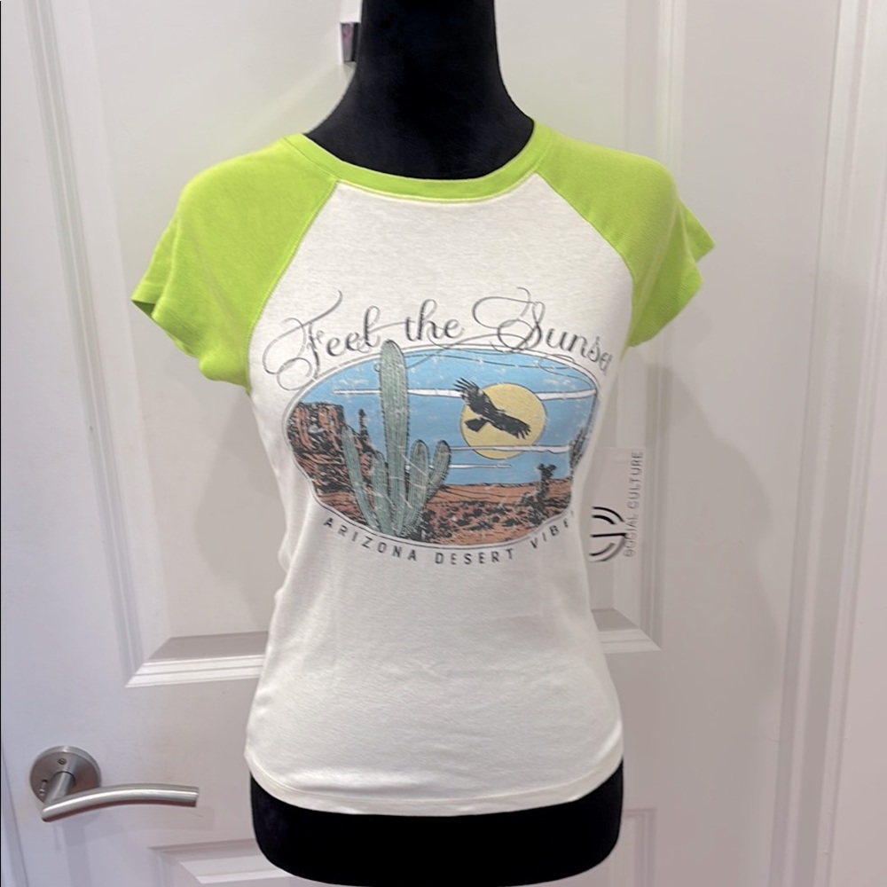 NWT Social Culture Green and White Graphic Arizona desert baby Tee - S